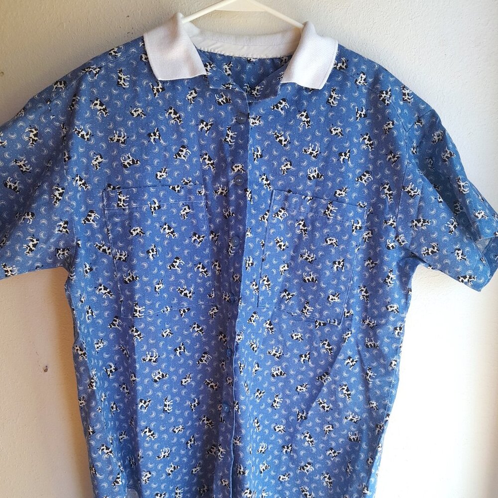 Handmade Cow Shirt Collared Button Up Short Sleeve XL XXL 24" PTP Womens